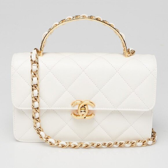 Chanel White Quilted Lambskin Leather CC Chain Top Handle Mini Flap Bag - Picture 2 of 10